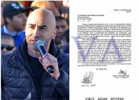 La renuncia como afiliado justicialista de Aidar Bestene