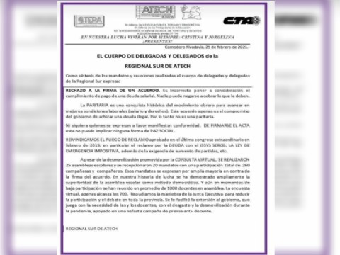 Regional Sur de ATECH rechazó acuerdo con el Gobierno